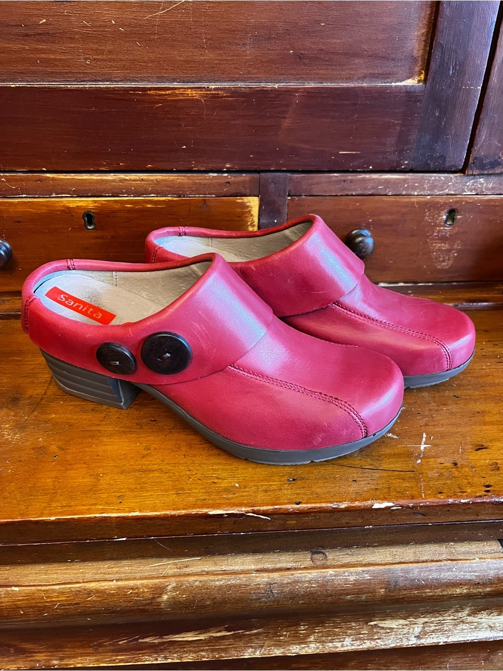 Sanita Nicolette Red Leather Slip-On Clog Mules with Button Detail size 40